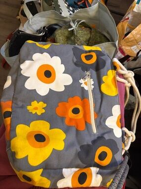 Floral Canvas Drawstring Tote Bag in Gray and Yellow